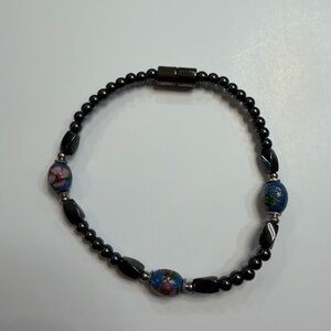 Elegant Black Hematite and Blue Floral Glass Beaded Bracelet